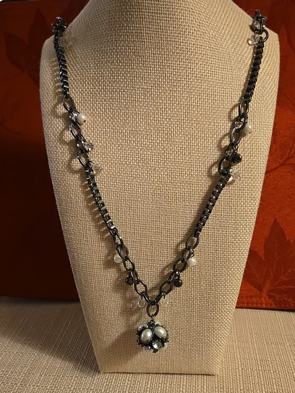 Pearl Accent Black Metal Pendant Necklace With Rhinestone Accents